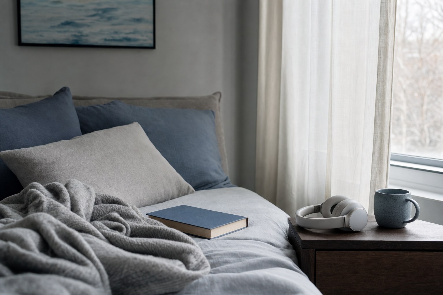 A quiet bed with a blanket, book, headphones, and soft window light