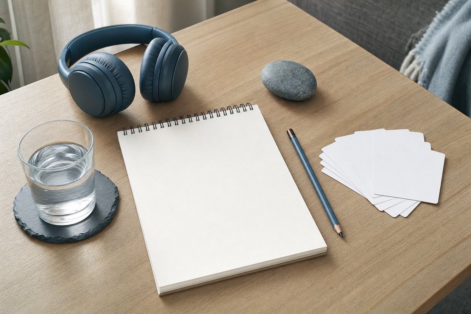 A notebook, blank communication cards, headphones, water, and a tactile stone on a quiet table