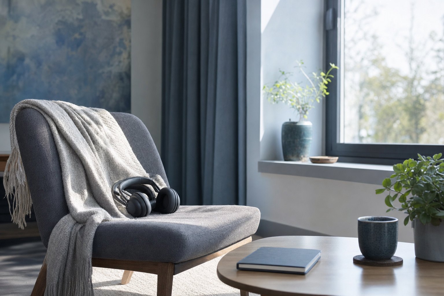 A quiet recovery space with headphones, a chair, and a soft blanket