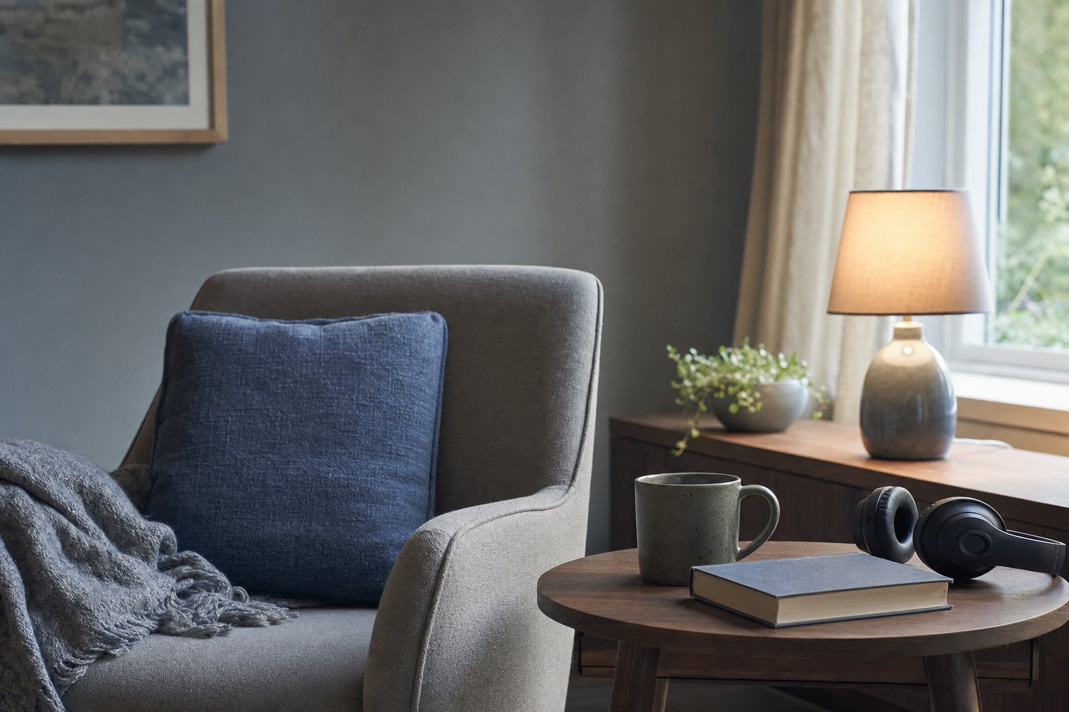 A calm reading nook with a blanket, soft lamp, headphones, and a book
