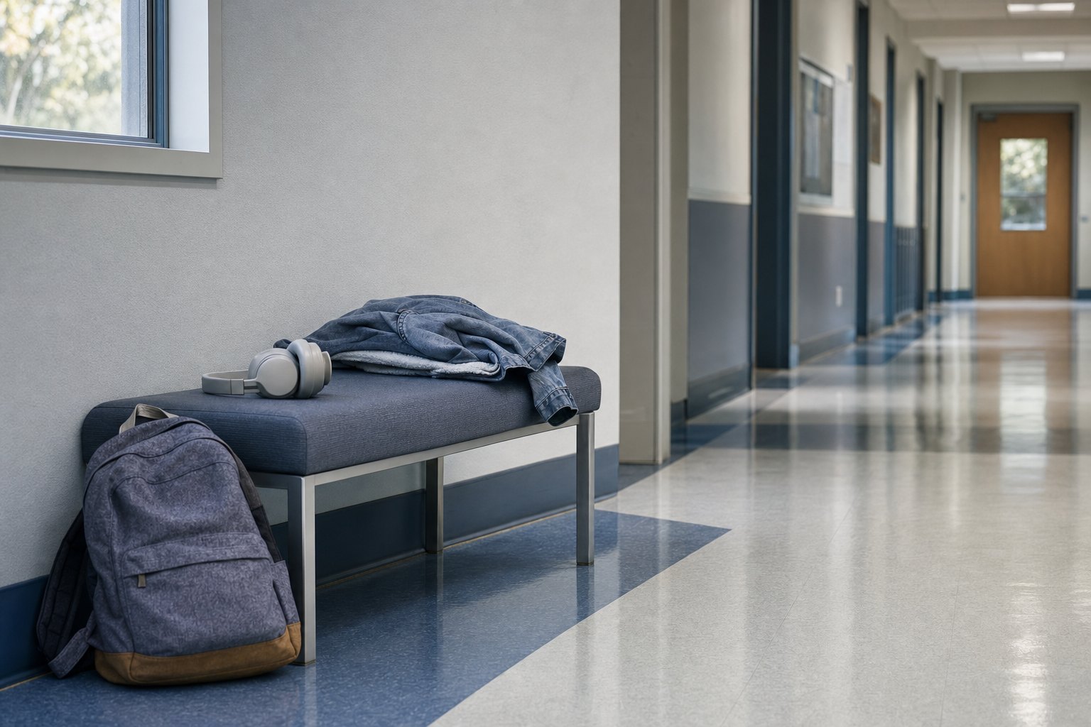 A quiet school hallway with a backpack, jacket, and headphones on a bench