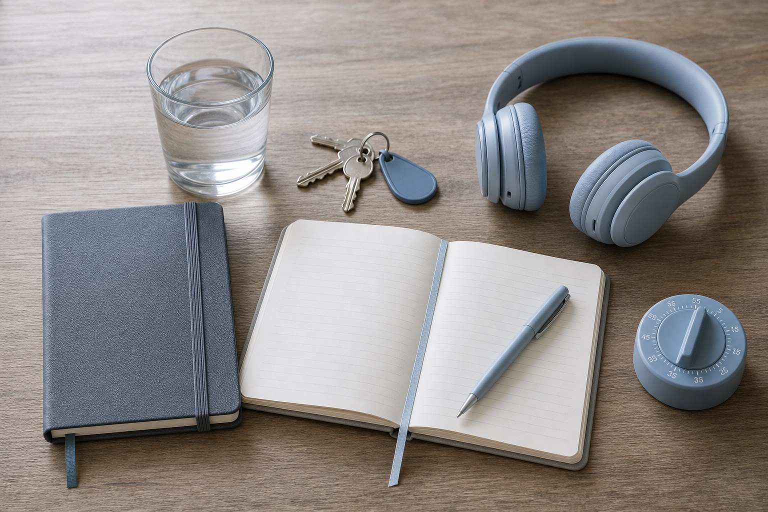 A notebook, water, keys, headphones, and a small timer prepared for one manageable next step