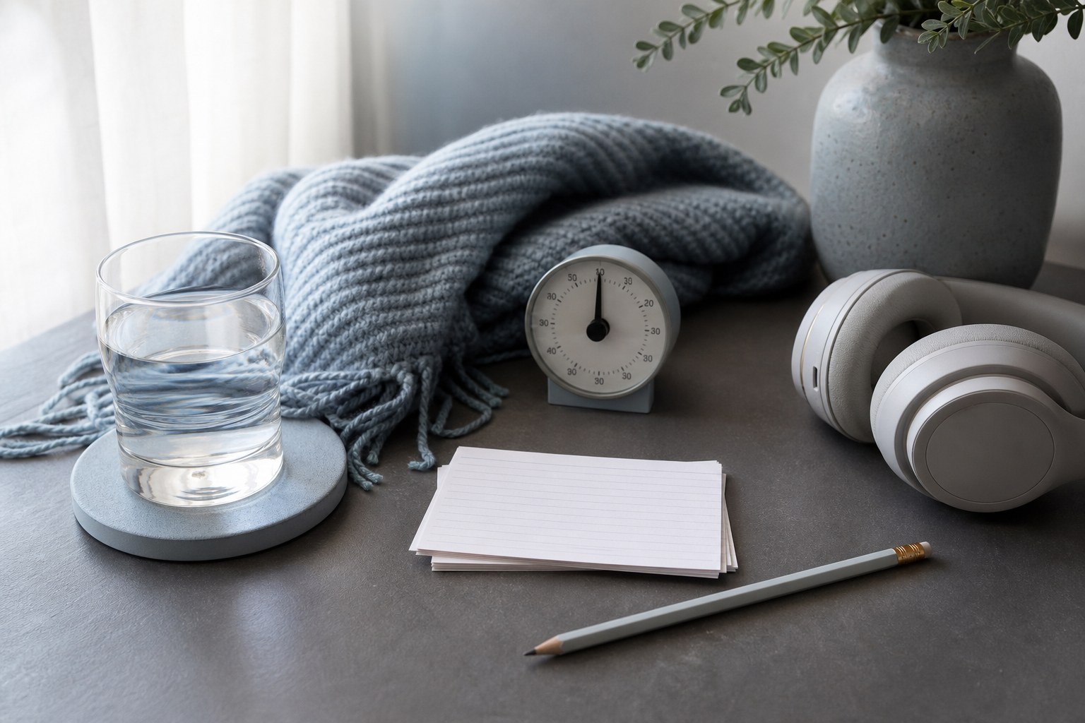 A calm table with a blanket, water, headphones, a timer, and blank cards for a low-pressure plan