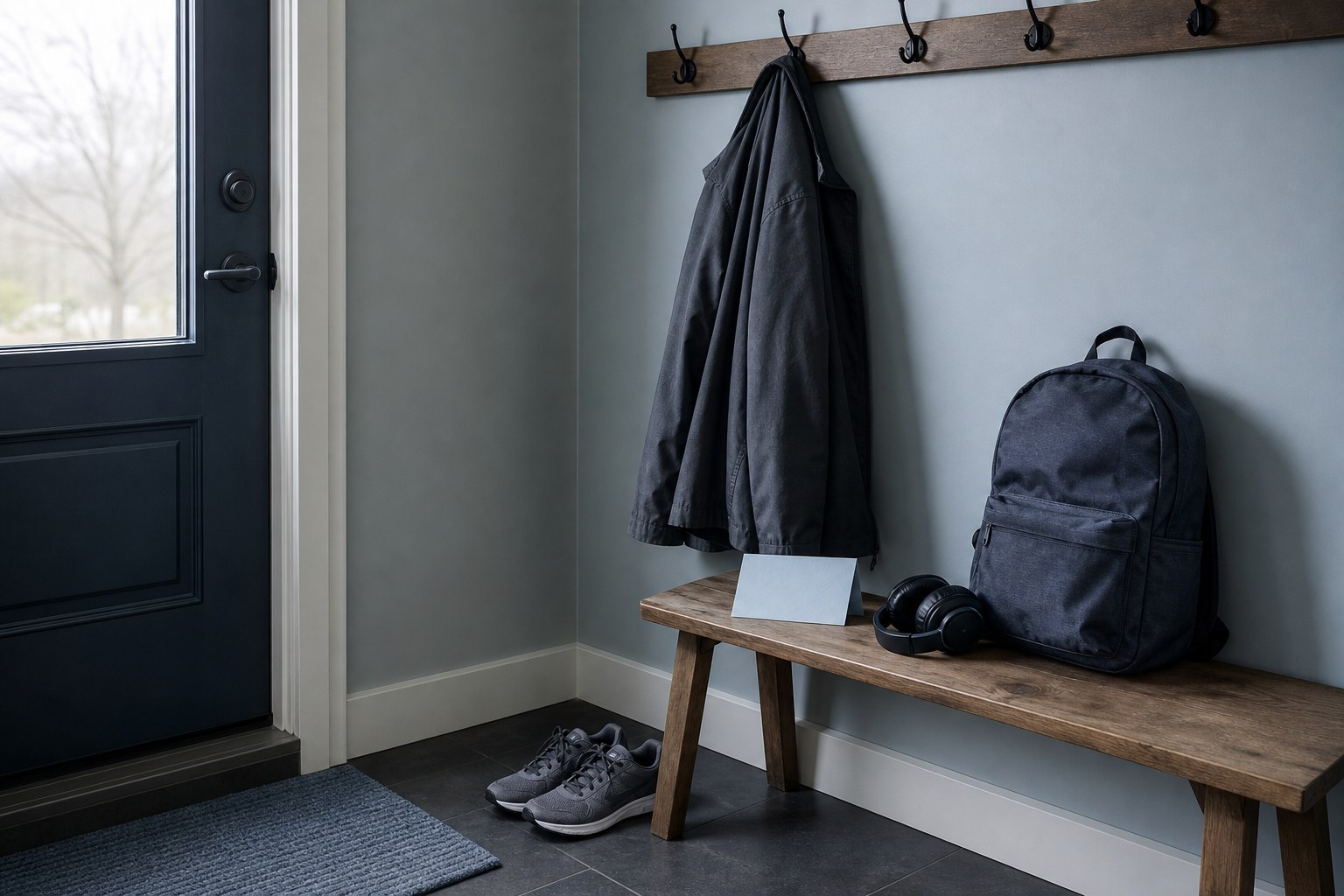 A quiet entryway with a coat, backpack, shoes, headphones, and a bench prepared for a transition