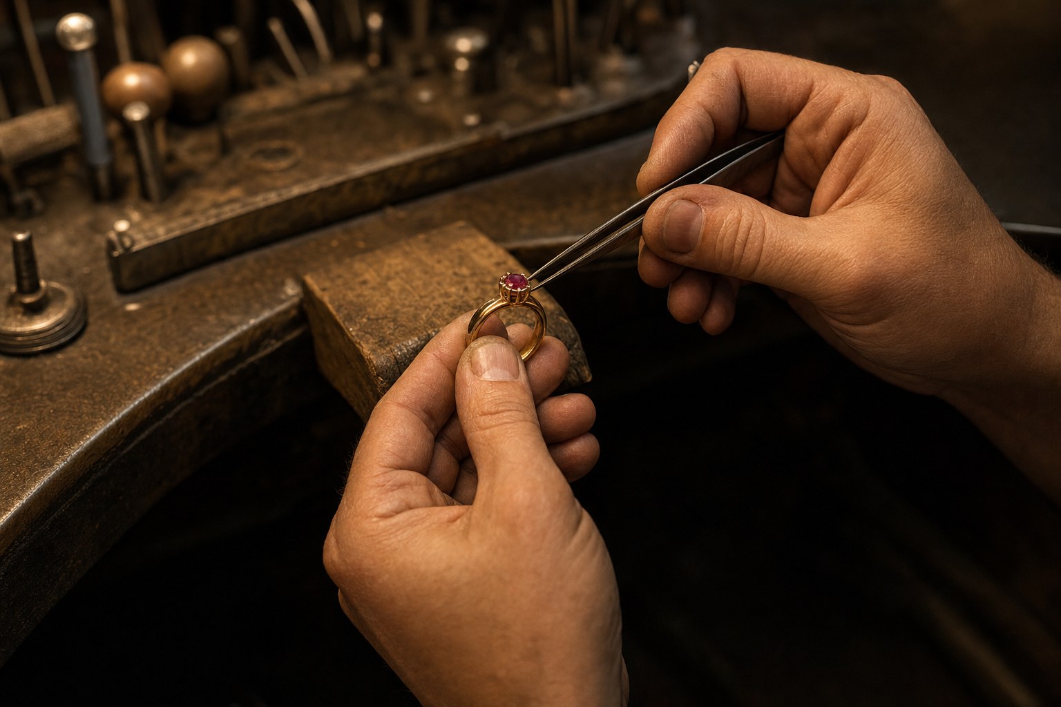 Goldsmith setting a gemstone into a gold ring at a workbench
