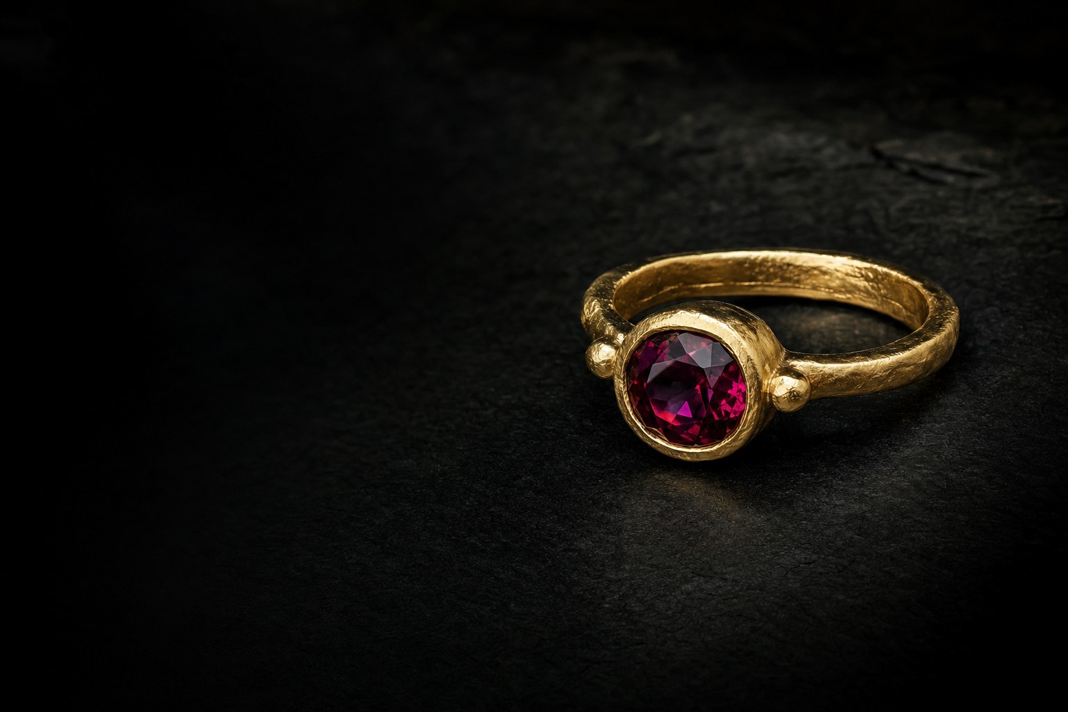 Hand-cast gold ring with a deep magenta gemstone