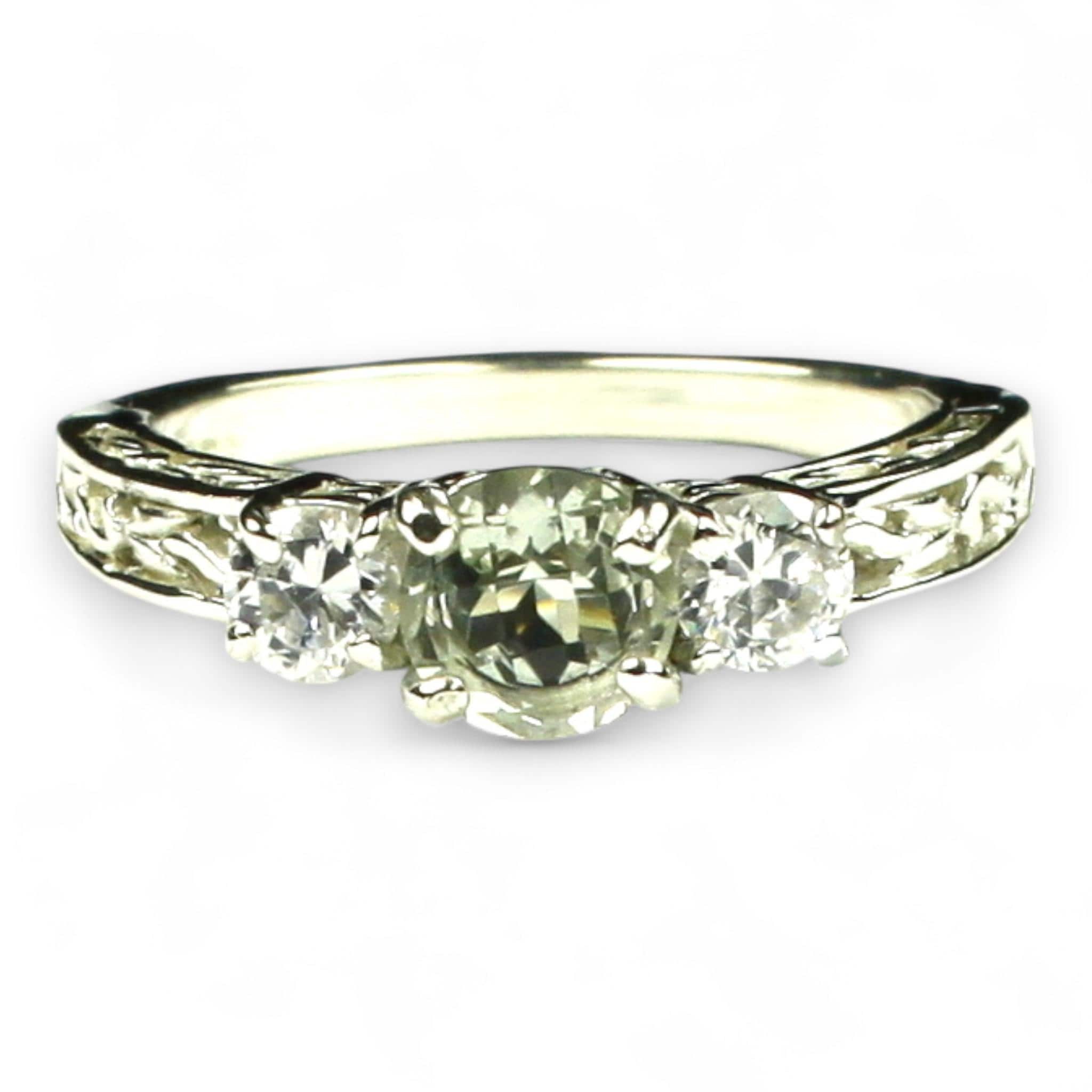 Green Amethyst w/ Two 4mm CZ Accents, 925 Sterling Silver Engagement Ring, SR254
