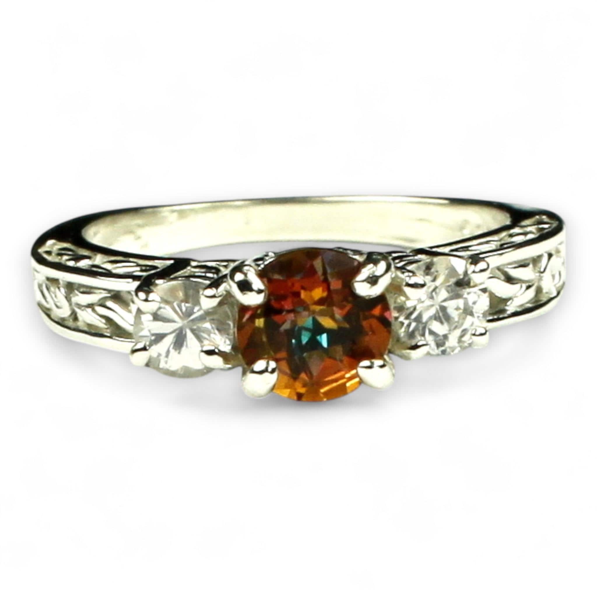 Twilight Fire Topaz w/ Two 4mm CZ Accents, 925 Sterling Silver Engagement Ring, SR254