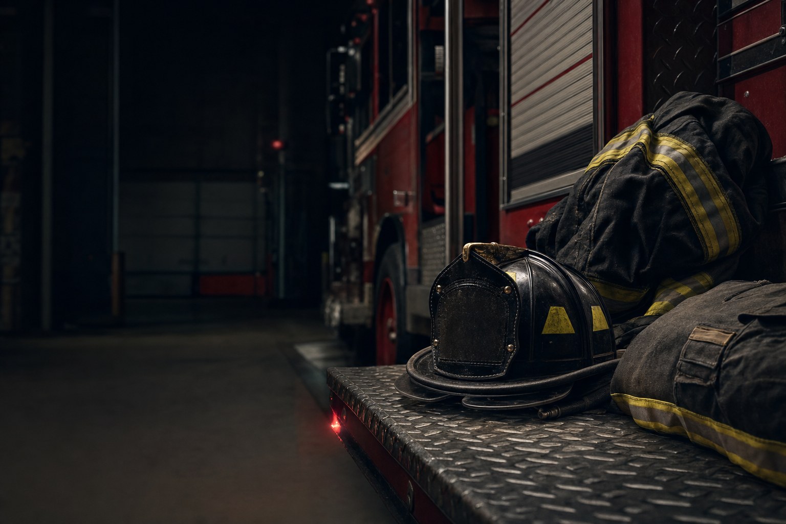 Firefighter helmet and turnout gear in a firehouse apparatus bay