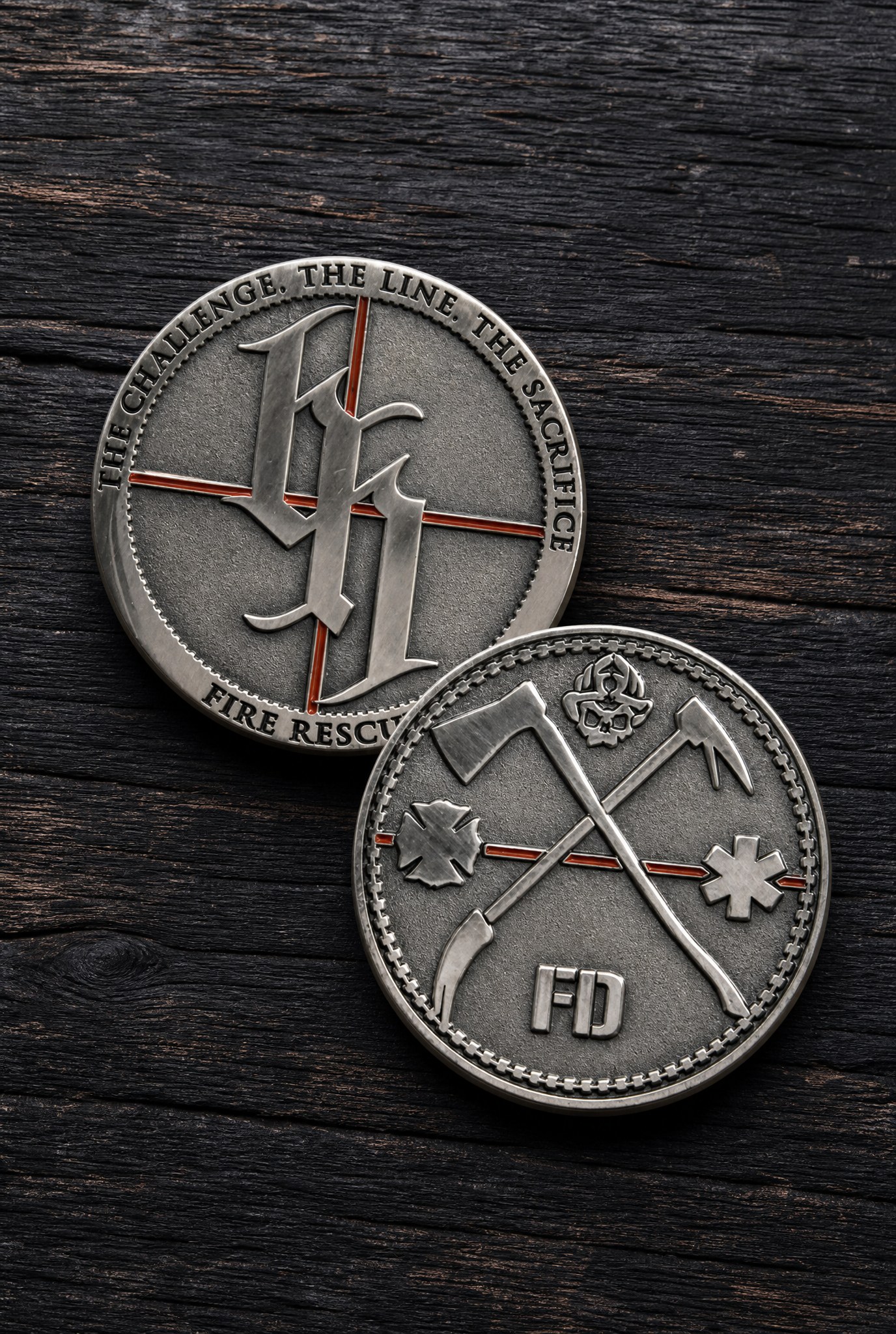 The Challenge, The Line, The Sacrifice. Thin Red Line Fire Rescue Challenge Coin