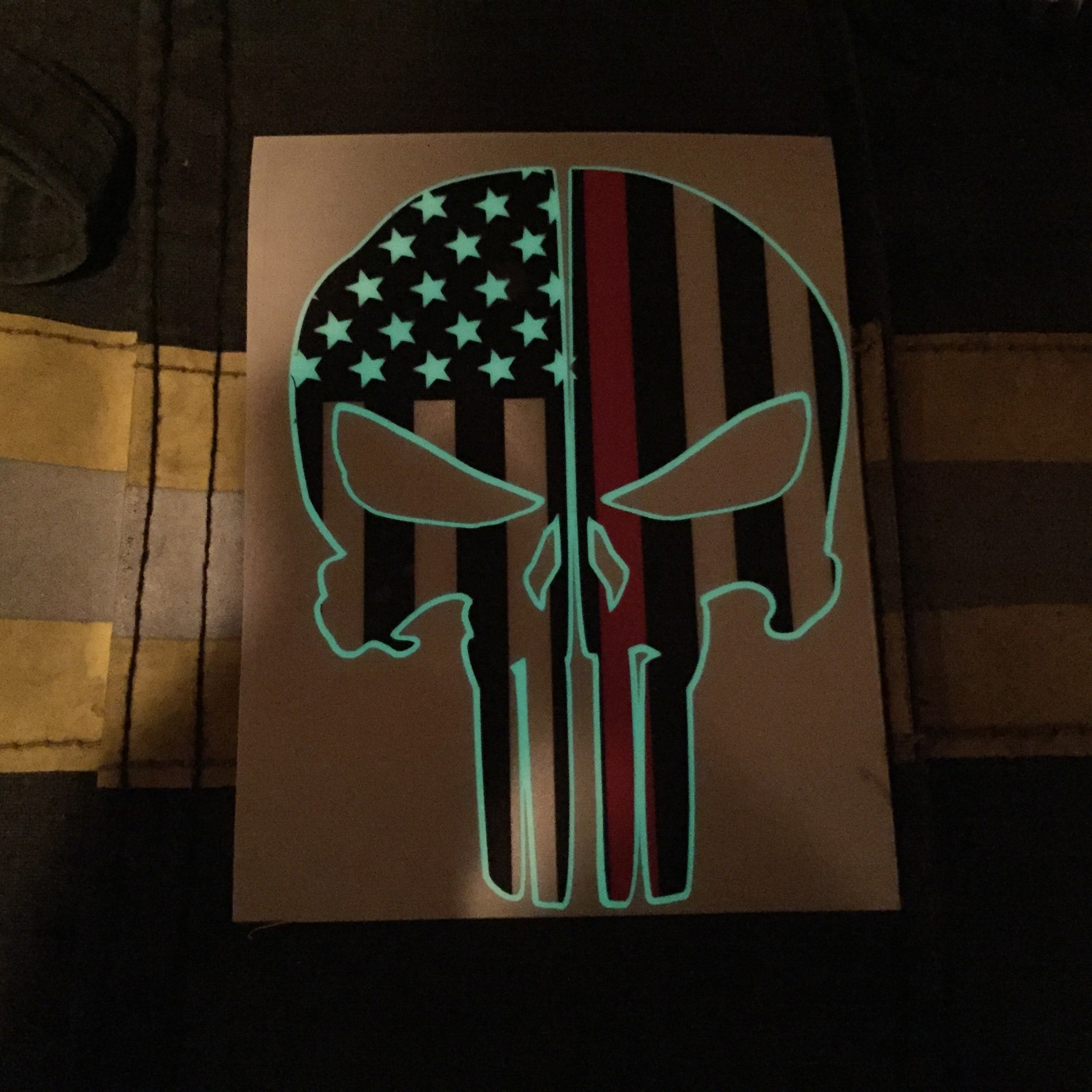 THIN RED LINE FLAG PUNISHER SKULL REAR HELMET REFLECTIVE/GLOW IN THE DARK STARS & STRIPES/OUTLINE HELMET DECAL