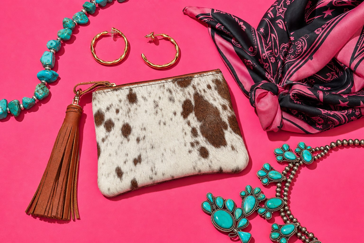 Turquoise jewelry, cowhide clutch and western accessories