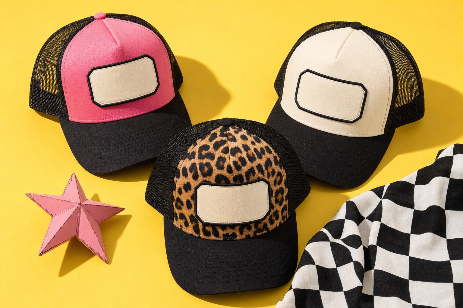 Three custom trucker hats on a yellow studio backdrop