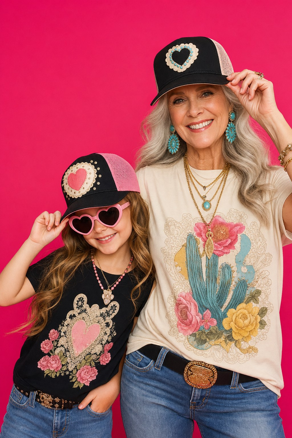 A grandmother and her granddaughter wearing playful custom trucker hats
