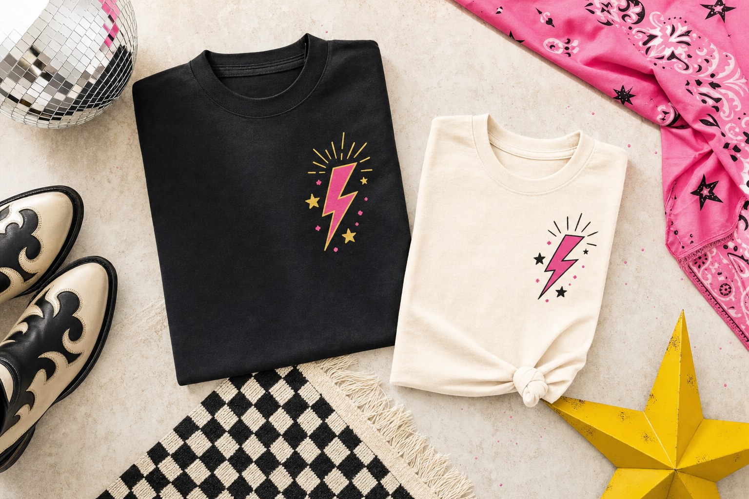 Graphic tees styled with pink bandana and checkerboard details