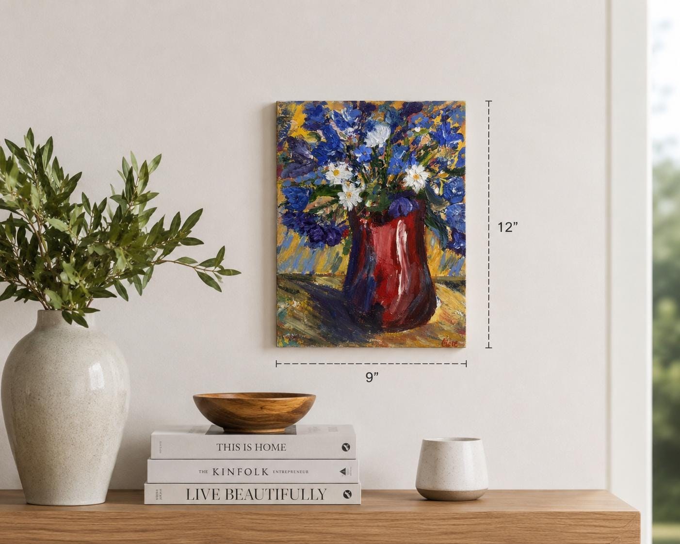 Red vase with blue flowers, an original acrylic painting by Clare Cheney