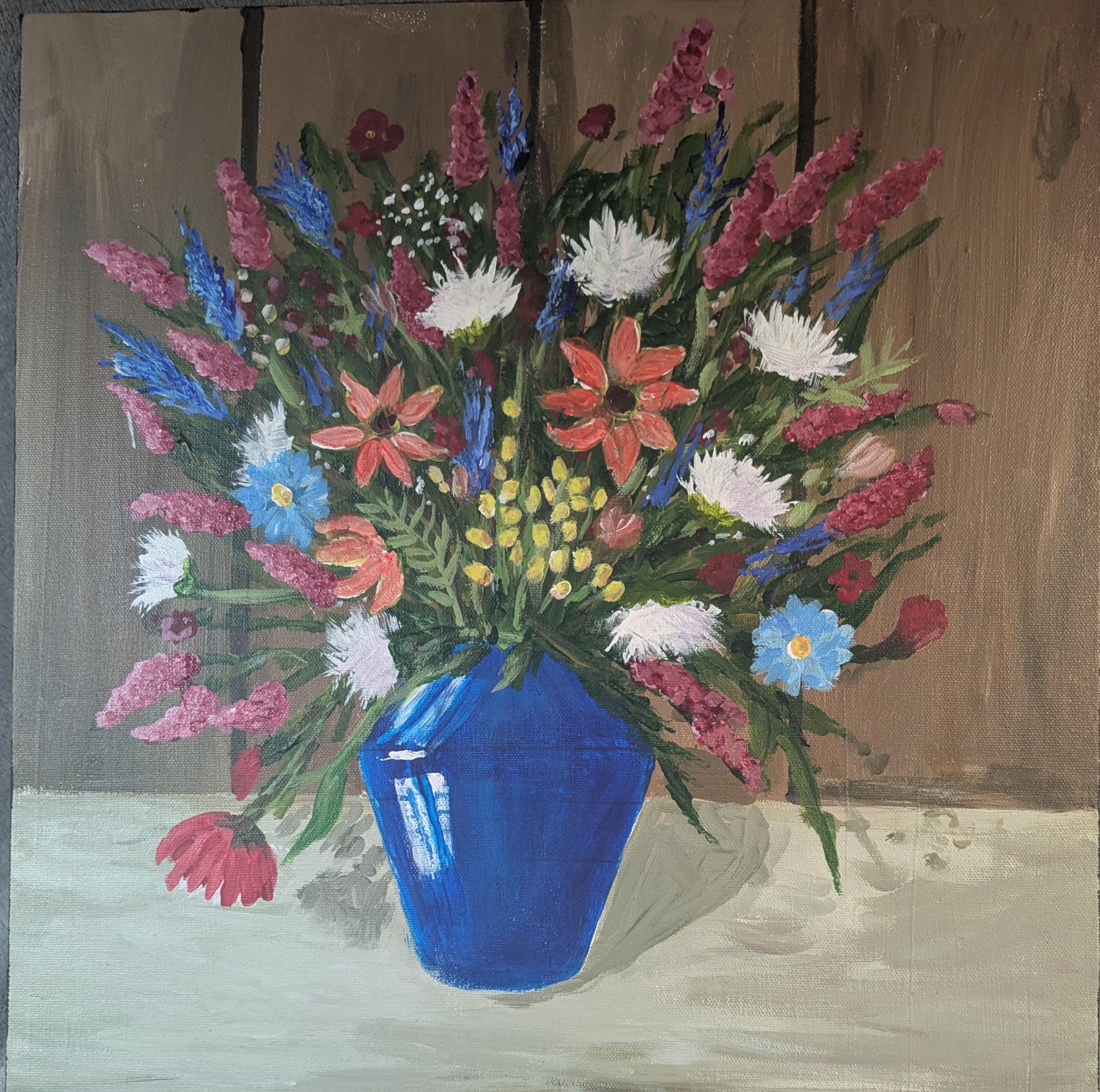 Original Acrylic Painting 16x20 | Blue Vase Wildflower Still Life, detail 2