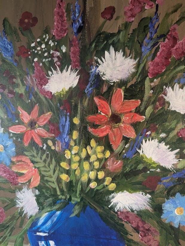 Original Acrylic Painting 16x20 | Blue Vase Wildflower Still Life, detail 3