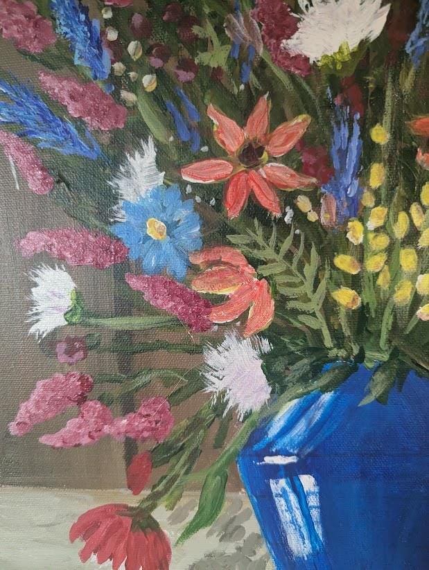 Original Acrylic Painting 16x20 | Blue Vase Wildflower Still Life, detail 4