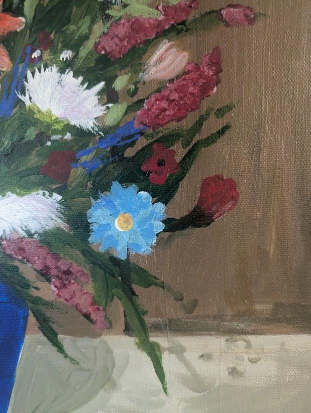 Original Acrylic Painting 16x20 | Blue Vase Wildflower Still Life, detail 5