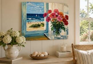 Original Acrylic Painting , Floral Still Life, Coastal Beach Scene, 11x14 Canvas