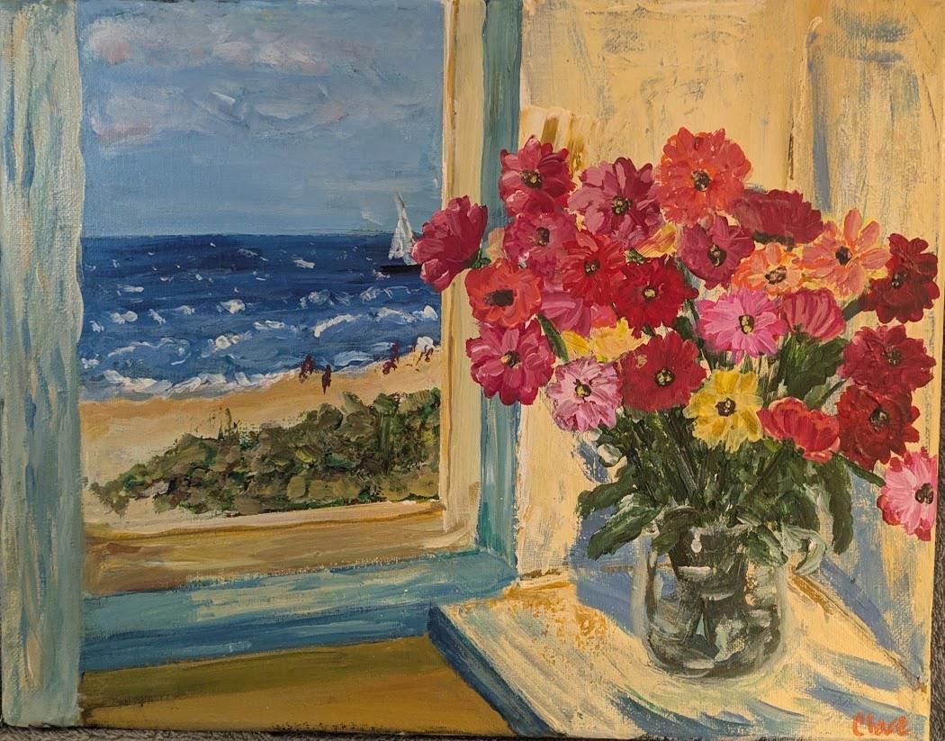 Original Acrylic Painting , Floral Still Life, Coastal Beach Scene, 11x14 Canvas, detail 2