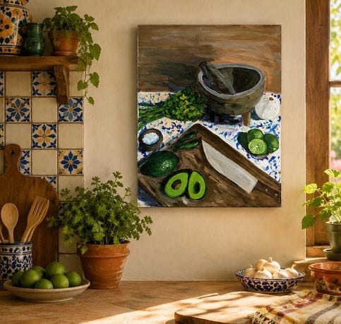 Original Avocado Molcajete Painting , Mexican Kitchen Still Life Food Art