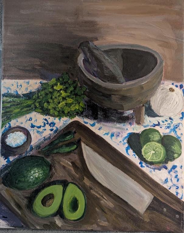 Original Avocado Molcajete Painting , Mexican Kitchen Still Life Food Art, detail 2