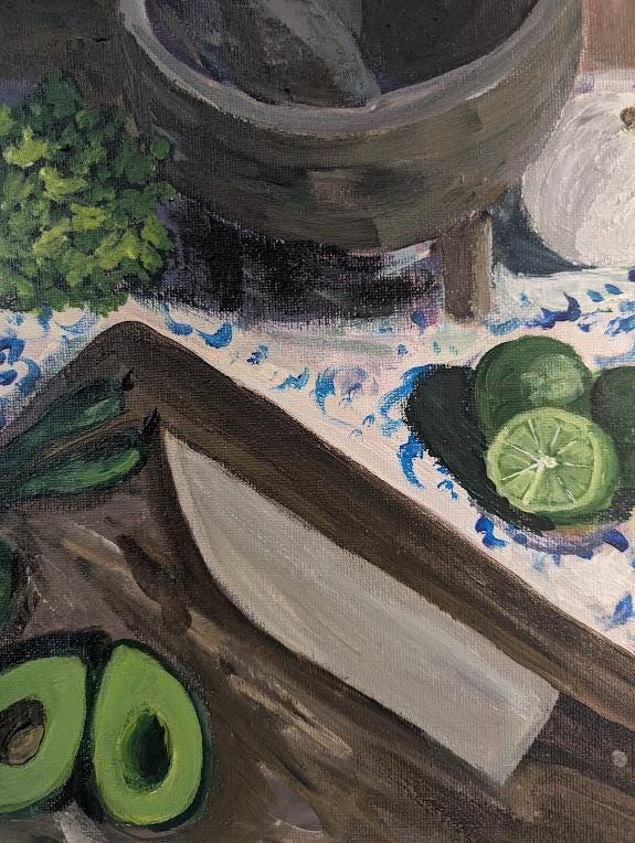 Original Avocado Molcajete Painting , Mexican Kitchen Still Life Food Art, detail 3
