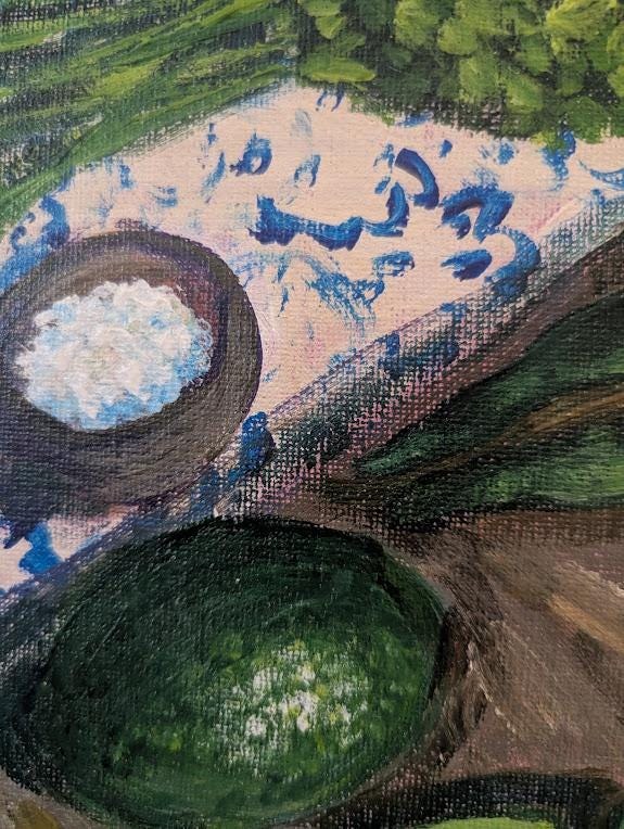 Original Avocado Molcajete Painting , Mexican Kitchen Still Life Food Art, detail 4