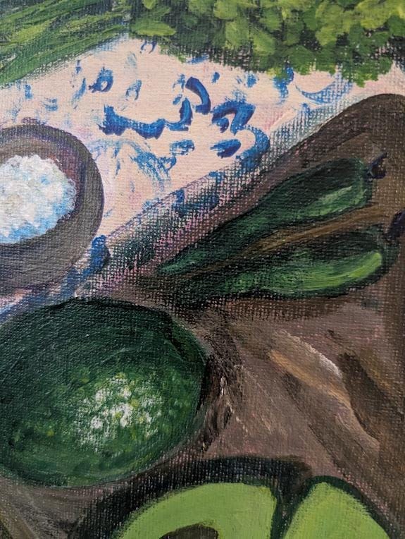 Original Avocado Molcajete Painting , Mexican Kitchen Still Life Food Art, detail 6