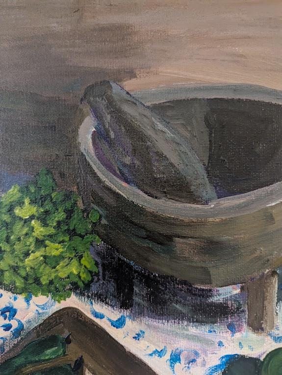 Original Avocado Molcajete Painting , Mexican Kitchen Still Life Food Art, detail 8