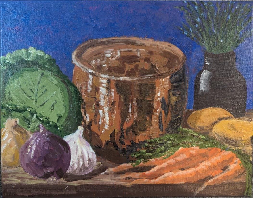 Gathering , Original 11x14 Copper Pot Still Life Painting, detail 2