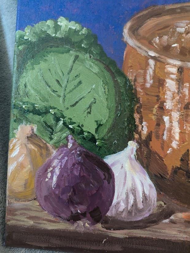 Gathering , Original 11x14 Copper Pot Still Life Painting, detail 3