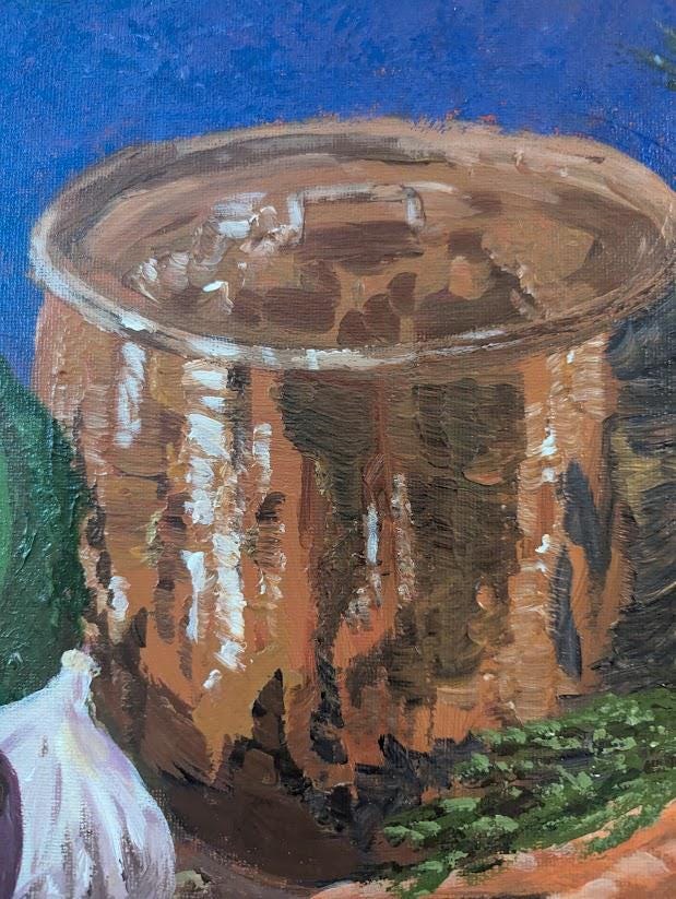 Gathering , Original 11x14 Copper Pot Still Life Painting, detail 4