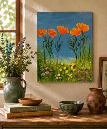 Where the Poppies Grow , Original 11x14 California Poppy Painting | Colorful Wildflower Acrylic | California Wall Art