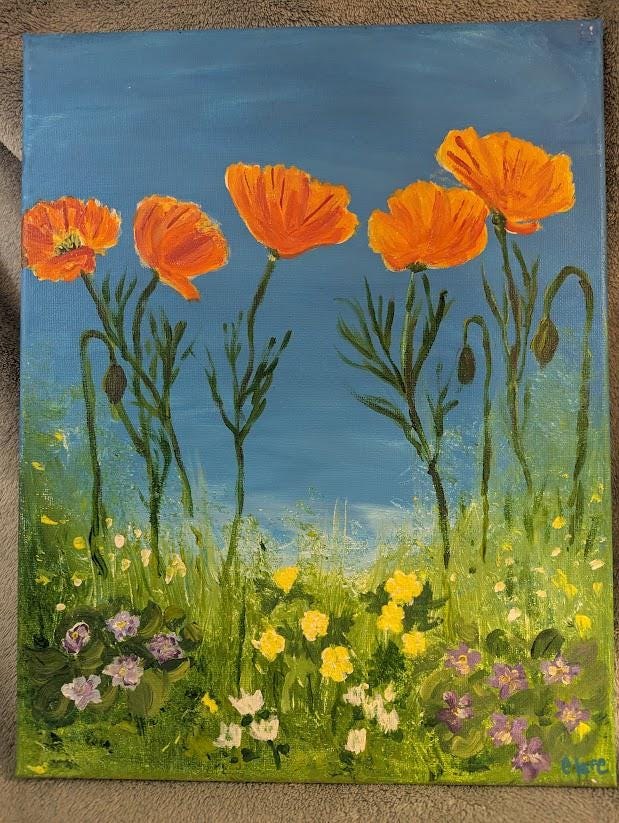 Where the Poppies Grow , Original 11x14 California Poppy Painting, detail 2
