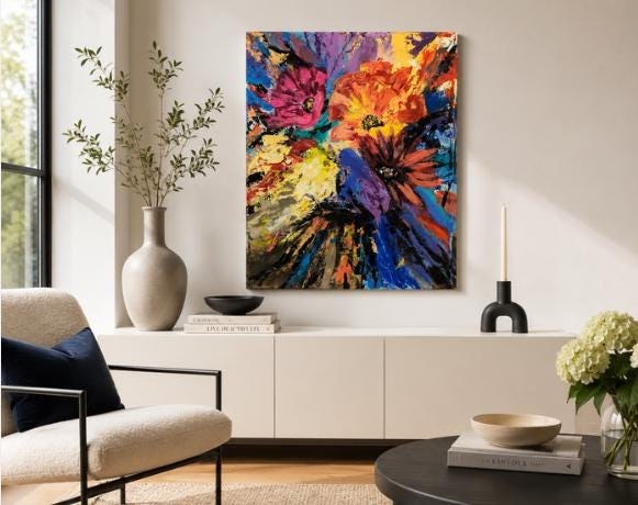 Uncontained, an original colorful floral painting