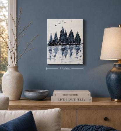 Winter Reflections , Original 8x10 Landscape Painting | Minimalist Blue and White Acrylic Trees