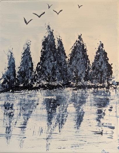 Winter Reflections , Original 8x10 Landscape Painting | Minimalist Blue and White Acrylic Trees, detail 2