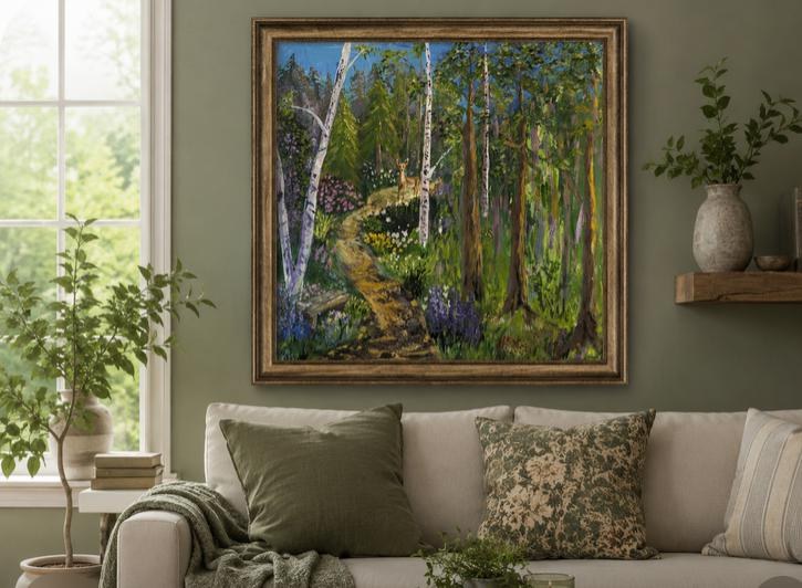 The Quiet Place , Original Forest Landscape Painting with Deer , Acrylic Woodland Art