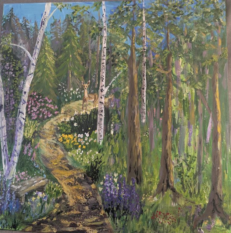 The Quiet Place , Original Forest Landscape Painting with Deer , Acrylic Woodland Art, detail 2