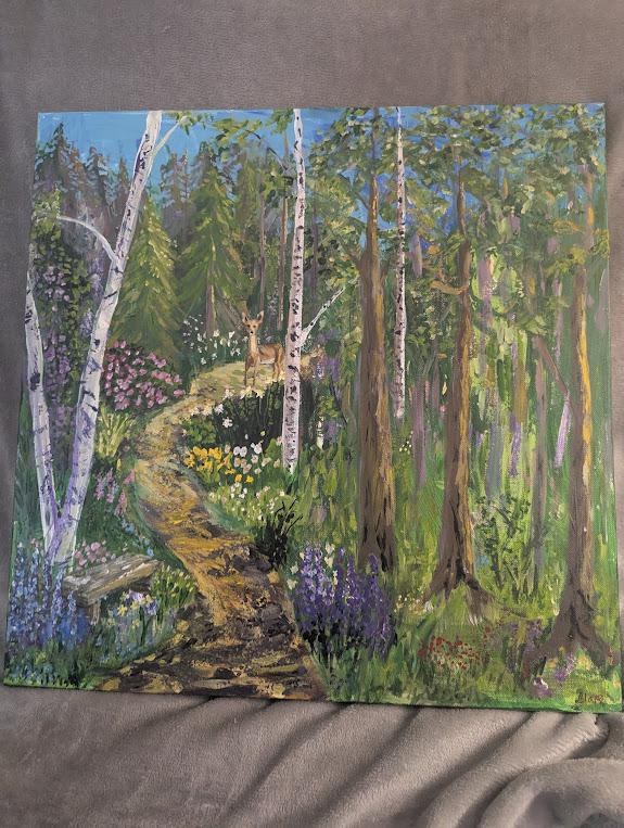 The Quiet Place , Original Forest Landscape Painting with Deer , Acrylic Woodland Art, detail 3