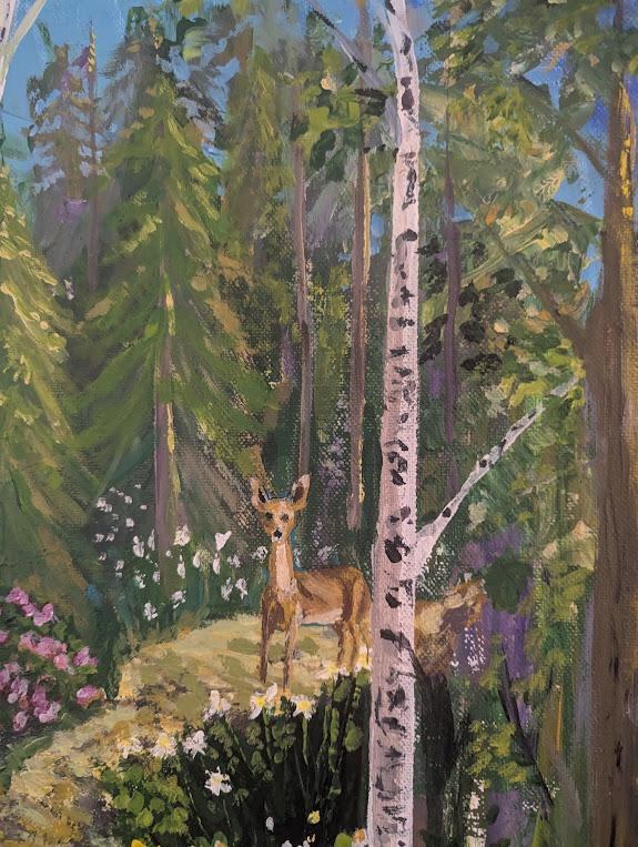 The Quiet Place , Original Forest Landscape Painting with Deer , Acrylic Woodland Art, detail 4