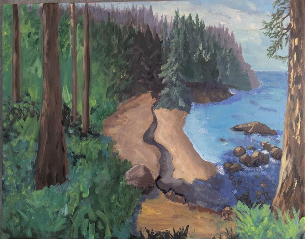Out of the Woods , Original 16x20 California Coastal Landscape Painting, Redwood Forest and Ocean, detail 2