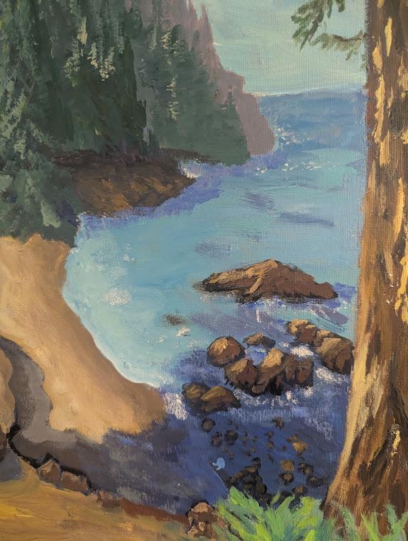 Out of the Woods , Original 16x20 California Coastal Landscape Painting, Redwood Forest and Ocean, detail 3