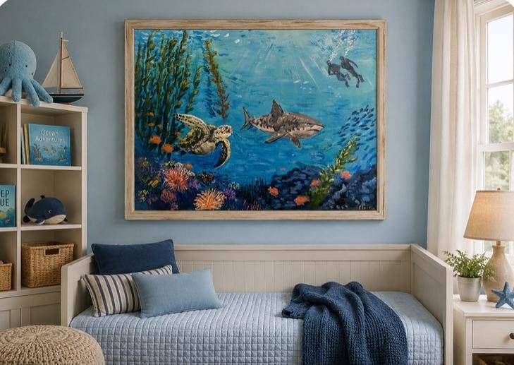 Just Passing Through , Original 16x20 Underwater Painting with Sea Life