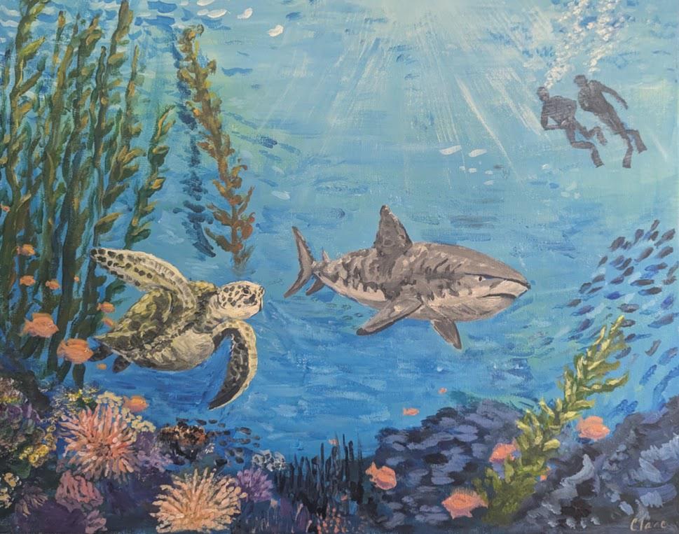 Just Passing Through , Original 16x20 Underwater Painting with Sea Life, detail 2