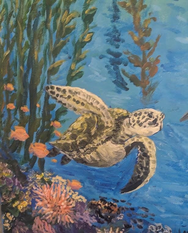 Just Passing Through , Original 16x20 Underwater Painting with Sea Life, detail 6