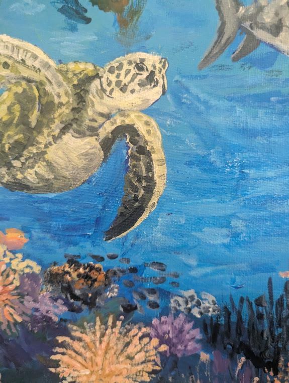 Just Passing Through , Original 16x20 Underwater Painting with Sea Life, detail 7